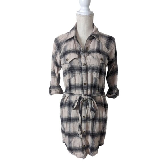 American Eagle AEO Womens Sz XS Beige Plaid Flannel Shirt Dress Roll Tab Sleeves - Picture 2 of 6
